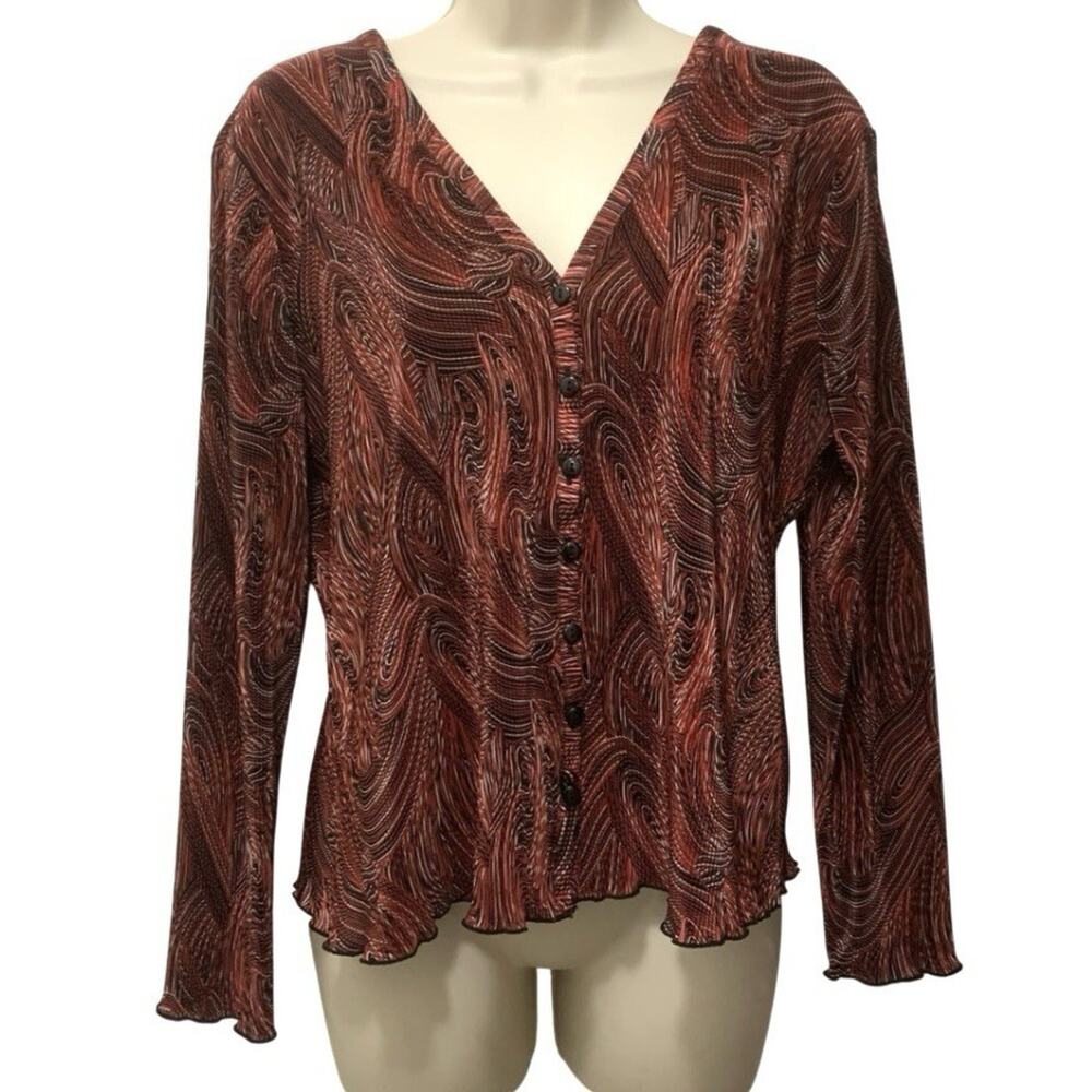 Choices Y2K Crinkle Satin Blouse Abstract Swirl Red Black Button Up M Stretch